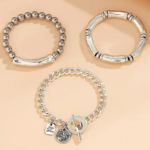 Stainless Steel Bracelet Set Chain Link Bamboo Statement Silver - Picture 4 of 6